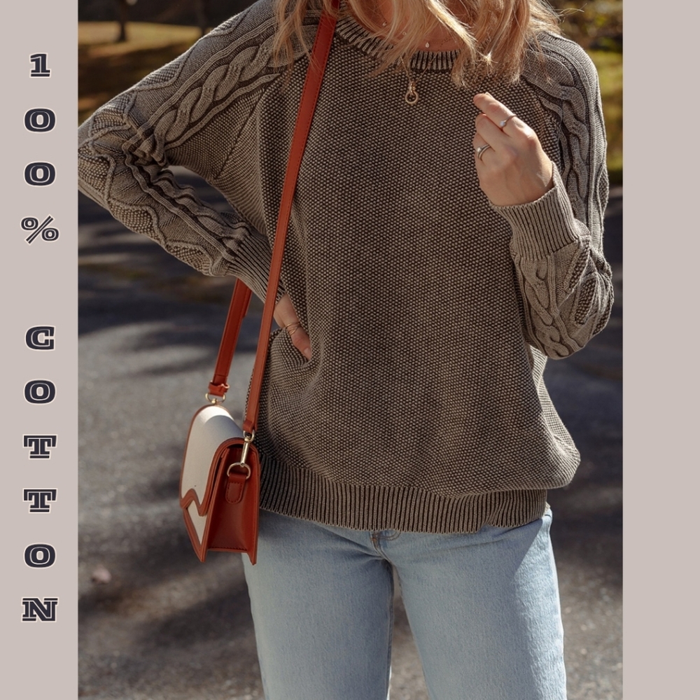 100% Cotton Brown Contrast Cable Knit Sweater